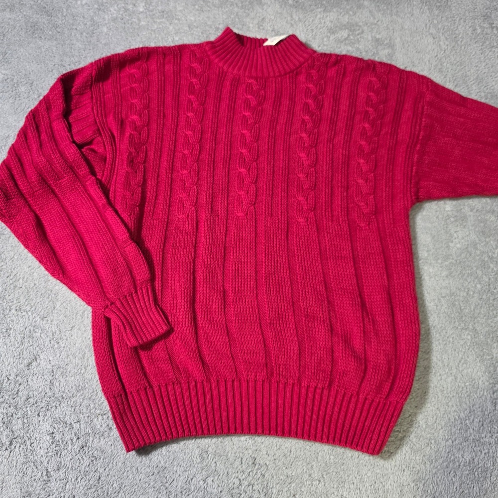 Henry Grethel Mens M Sweater Red Cable Knit Cotton Mock Neck Hand Framed Vintage